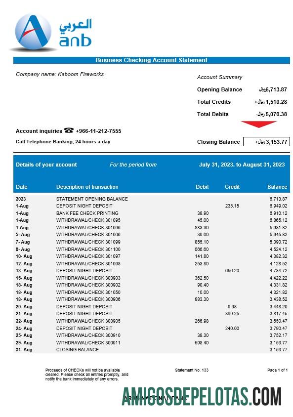 Em branco Arab National empresa bancária extrato de conta corrente modelo Word e PDF